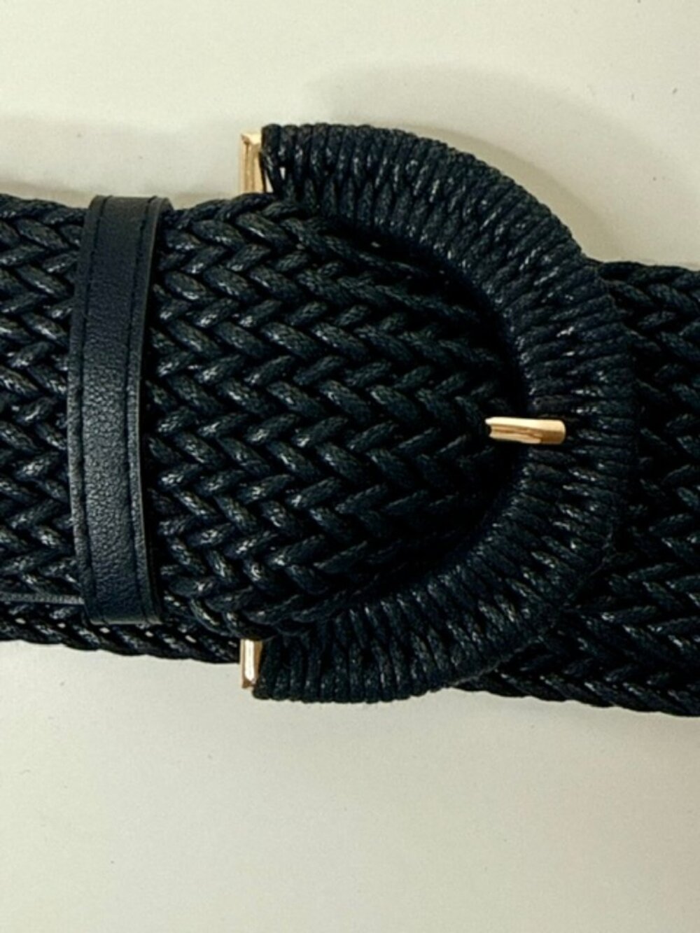 Black Woven Belt with Gold-Tone Half-Moon Buckle
